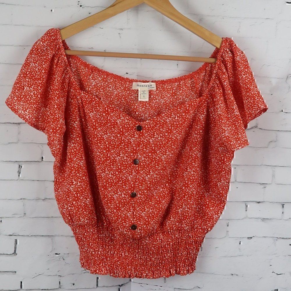 MONTEAU RED & WHITE FLORAL RUFFLE SHORT SLEEVE SMOCKED CROP TOP SIZE LARGE